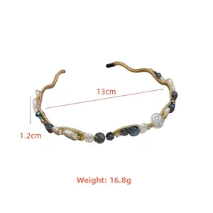 Detail of beaded headband with pearls and crystals on wavy gold frame, weight 16.8g