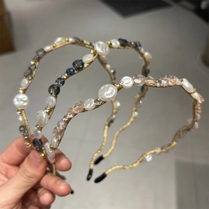 Elegant Crystal Artificial Pearl Beaded Hair Band Handmade Alloy Wave Headband For Women Korean Style Wedding Party Hair Accessories