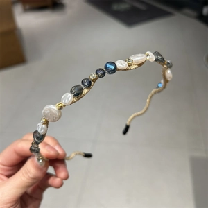 Elegant gold metal headband featuring white pearls and blue crystal beads for women