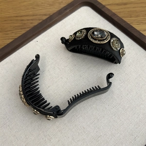 Elegant black velvet banana hair clip with vintage rhinestones and non-slip inner teeth