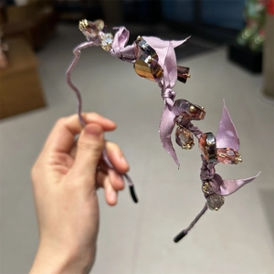 Korean Sweet Artificial Crystal Beaded Headband Handmade Satin Ribbon Bowknot Hair Hoop Elegant Forest Style Hair Accessory