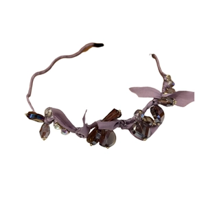 Elegant purple satin headband featuring handcrafted amber crystal beads in vintage style