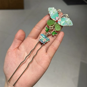 New Chinese style butterfly hair pin with green and blue enamel wings and floral details
