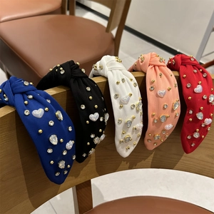 Serre-tête Large Noué à la Mode pour Femmes Bandeau en Tissu Tricoté Rétro Avec Décoration Cœur Künstliche Perle Strass