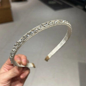 Elegant Korean style silver headband with sparkling rhinestones and satin wrap