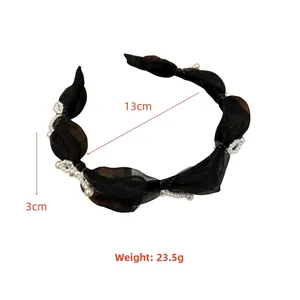 Detail showing dimensions of black organza headband with pearls and pleated design