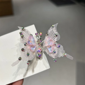 Squisita clip per capelli a farfalla con ali in rete lavanda e cristalli lucidi