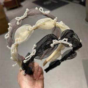 Korean Style Organza Bow Headband With Faux Artificial Pearl Elegant Wide Edge Pleated High Skull Top Hair Hoop Accessories For Women