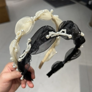 Elegant Korean style mesh hairband with pearls and ruffles in black and beige
