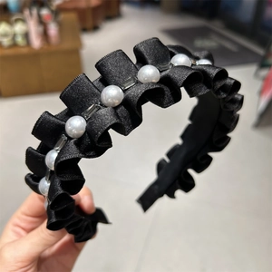 Serre-tête Élégant en Satin Plissé Noir Avec Strass Et Fausses Künstliche Perles Bandeau Vintage Accessoires Cheveux Femme