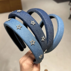 Korean Style Sweet Cool Denim Headband For Women Rhinestone Star Padded Hairband Retro High Top Wash Face Hair Hoop