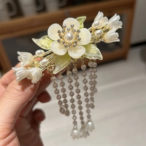 Eleganter Maiglöckchen Haarclip mit Perlenquasten und Blumenmotiven für Hanfu-Stil