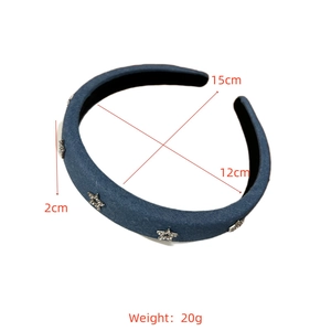 Blue denim headband with silver star zircon studs and dimensions 15cm by 12cm