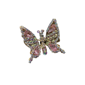 Elegante fermaglio per capelli a farfalla argento con gemme rosa e strass cangianti