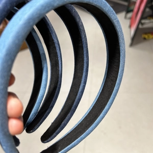 Detail of blue denim headband featuring high-top design and durable non-slip inner lining
