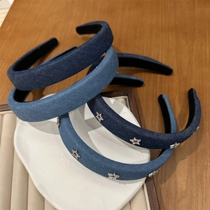 Star zircon denim headbands in blue and light blue for women with high crown styling