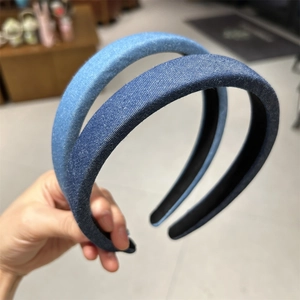 Set of two denim fabric headbands in light and dark blue with thick padded vintage design