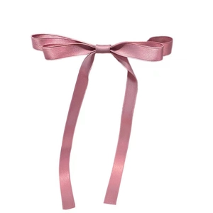Elegant pink satin bow hair clip with long ribbons for women, silk texture hair accessory