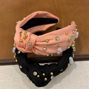 Détails du lot de serre-têtes noués avec strass et perles baroques sur tissu