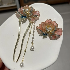 Pic À Cheveux Et Broche Fleur De Pivoine Style Ancien Émail Rose Gland De Künstliche Perle Alliage Accessoire Pour Hanfu Mariage Banquet