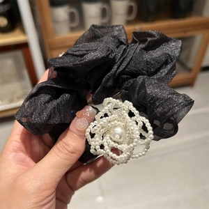 Elegant camellia pearl hair tie with black glitter tulle organza for women ponytail