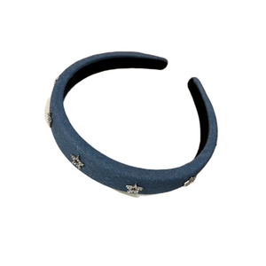 Blue denim headband with silver rhinestone stars and black anti-slip inner lining