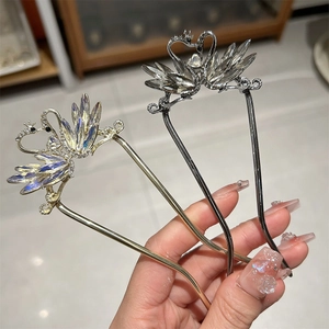 Elegant Alloy Rhinestone U Shaped Hair Stick Retro Swan Bow Hair Fork Crystal Hairpin For Women Hair Styling Jewelry
