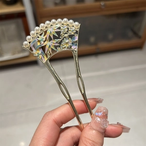 Lot de Pics à Cheveux Vintage Style Chinois Forme Éventail Alliage Künstliche Perle Émail Motif Fleur Bambou Épingle à Cheveux Bijoux