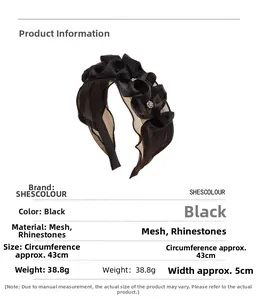 Detail view of black organza headband with crystals and size chart showing 43cm length