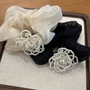 Organza Artificial Pearl Camellia Flower Hair Scrunchie For Women Elegant Shimmer Mesh Hair Tie Ponytail Holder Hair Accessories