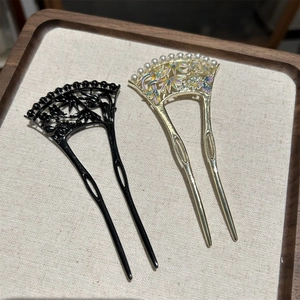 Lot de pics à cheveux vintage en forme d'éventail avec perles et motifs bambou en or et noir