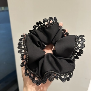 French Black Lace Scrunchie For Women Elegant Satin Rhinestone Hair Tie Luxury Oversized Hair Band Fashion Accessories