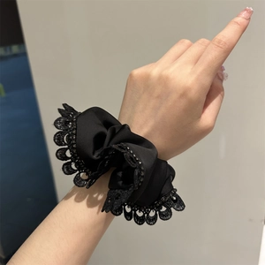 Elegant French black lace scrunchie with satin fabric and rhinestone details for women