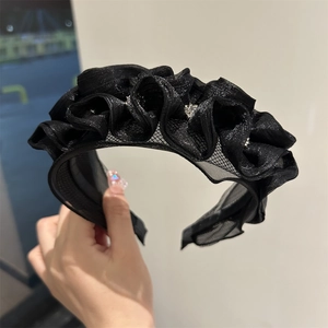 Elegant black organza pleated headband with silver rhinestones and non-slip inner design