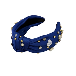 Serre-tête bleu noué avec perles et cœur en cristal sur tissu élastique