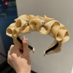 Luxurious champagne organza pleated headband with delicate rhinestones for women