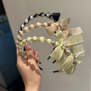 Elegant Satin Bow Faux Artificial Pearl Headband For Women Rhinestone Embellished Hair Hoop Sweet Korean Style Hair Accessories