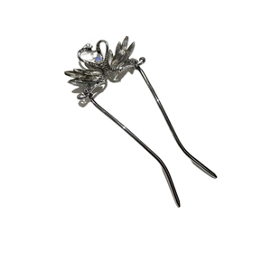Elegant silver swan hair pin with blue gemstone and sparkling crystals for women's hair styling