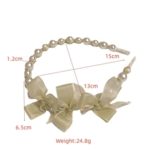 Detailed dimensions of pearl headband with satin bows and champagne ribbon accents