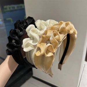 French Style Mesh Pleated Hairband For Women Elegant Ruffled Organza Headband With Rhinestone Decorative Hair Accessories