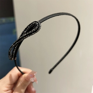 Serre-tête fin en cuir noir avec nœud en strass scintillant pour femme accessoire élégant
