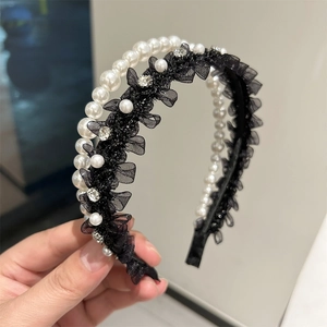 Serre-tête double couche élégant avec perles, fleurs en dentelle noire et cristaux