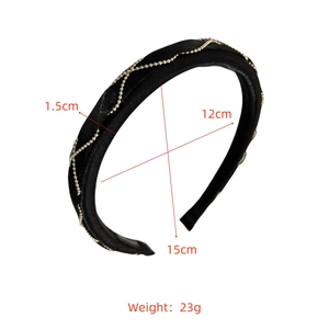 Detailed view of black headband with silver beaded diamond pattern and 1.5cm width specs
