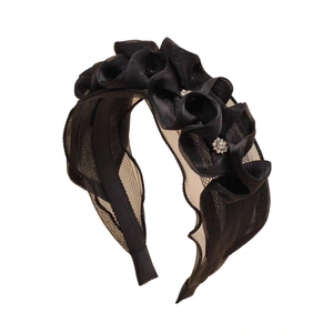 Elegant black organza fascinator headband with sparkling rhinestone flower accents