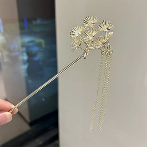 Golden Chinese pine branch hair stick with leaf tassel for traditional Hanfu styling