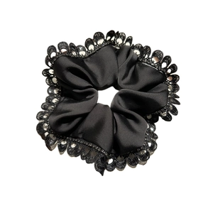 Elegant black lace satin scrunchie with rhinestones for high-end French style hairstyles
