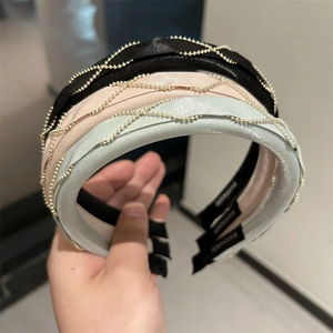 Elegant Satin Padded Headband With Metallic Bead Chain Braided Twisted Hair Band For Women Fashion Hair Accessories