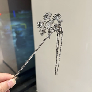 Silver Pine Needle Hairpin with Long Tassel in Traditional Chinese Style for Women