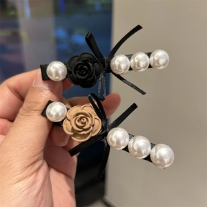 Vintage Camellia Artificial Pearl Hair Clip Women French Elegant Satin Ribbon Bowknot Rose Duckbill Clip Korean Hair Accessories
