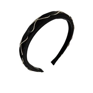 Elegant black braided headband with gold bead chain accents and non-slip lining